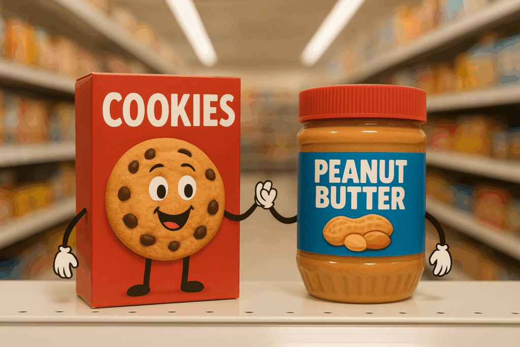 Cookies and peanut buttter as an example of complementary products suitable for cross-category partnerships.