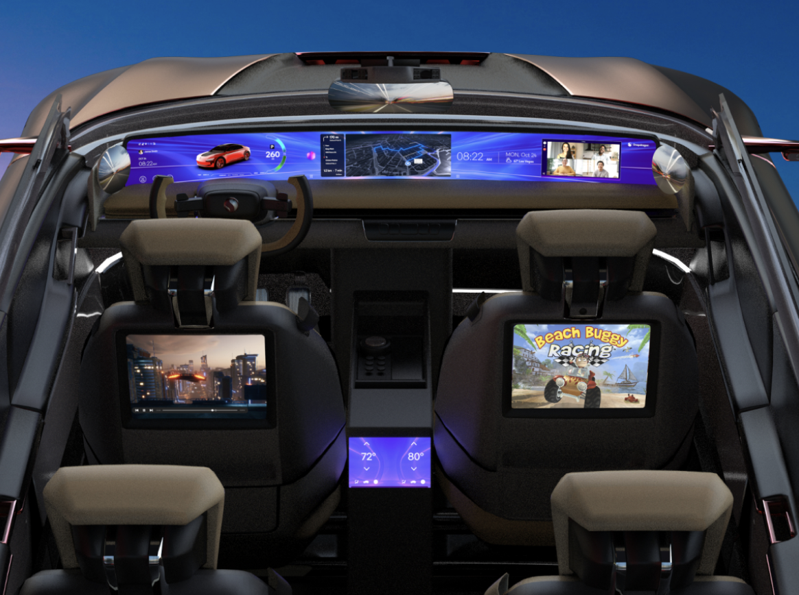 Photo of an automobile interior with information dashboard and entertainment screens.