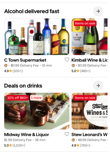 Screenshot of DoorDash page for alcholol deals